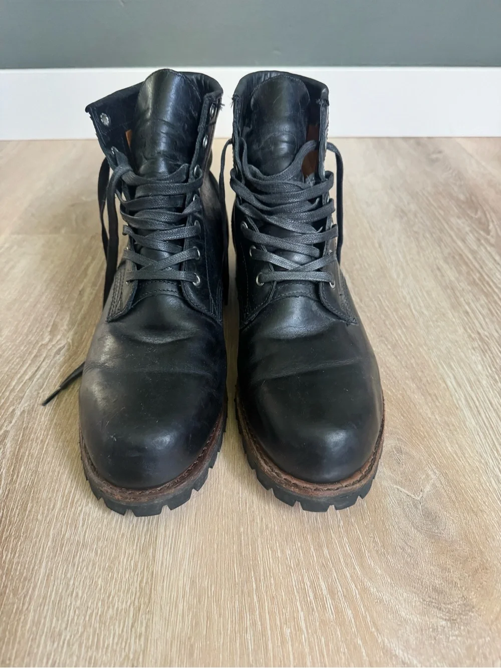 Frye Black Leather Lace-Up Lug Sole Boots